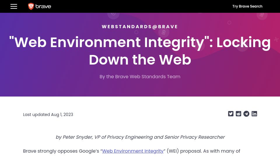 Screenshot of brave.com: “Web Environment Integrity”: Locking Down the Web
