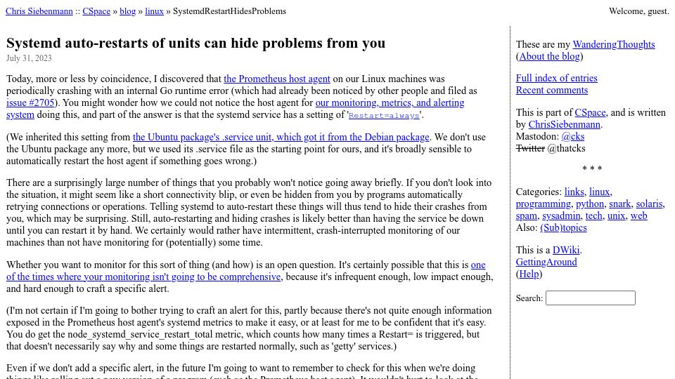 Screenshot of utcc.utoronto.ca: Systemd auto-restarts of units can hide problems from you