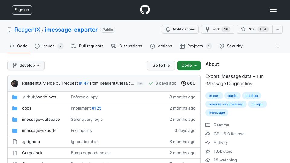 Screenshot of github.com: Show HN: imessage-exporter, a CLI app and library