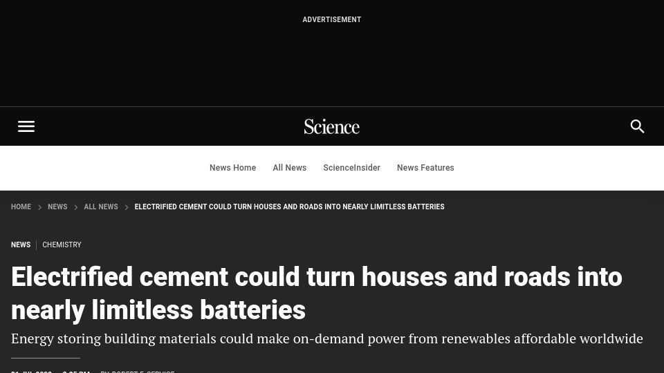 Screenshot of science.org: Researchers have come up with a new way to store electricity in cement