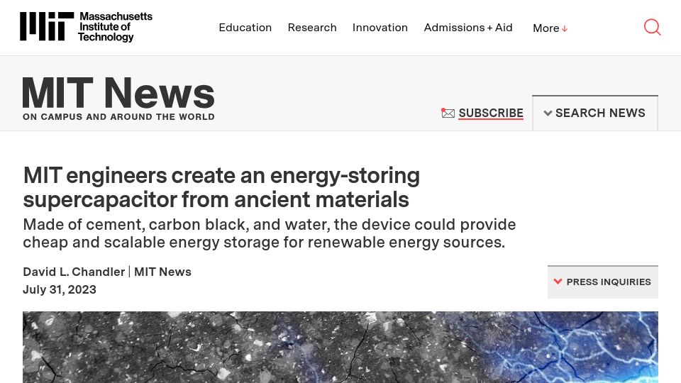 Screenshot of news.mit.edu: MIT engineers create an energy-storing supercapacitor from ancient materials