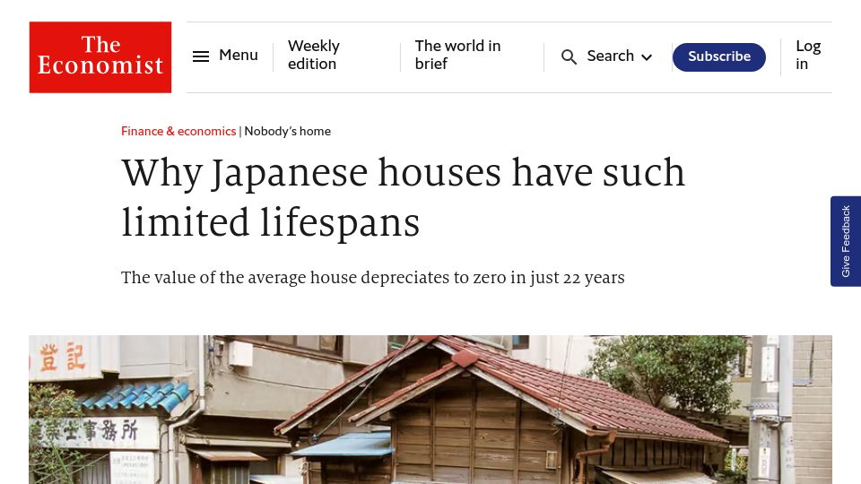 Screenshot of economist.com: Japanese houses have limited lifespans (2018)