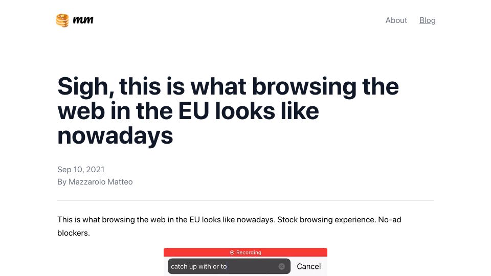 Screenshot of mmazzarolo.com: Sigh, this is what browsing the web in the EU looks like nowadays (2021)