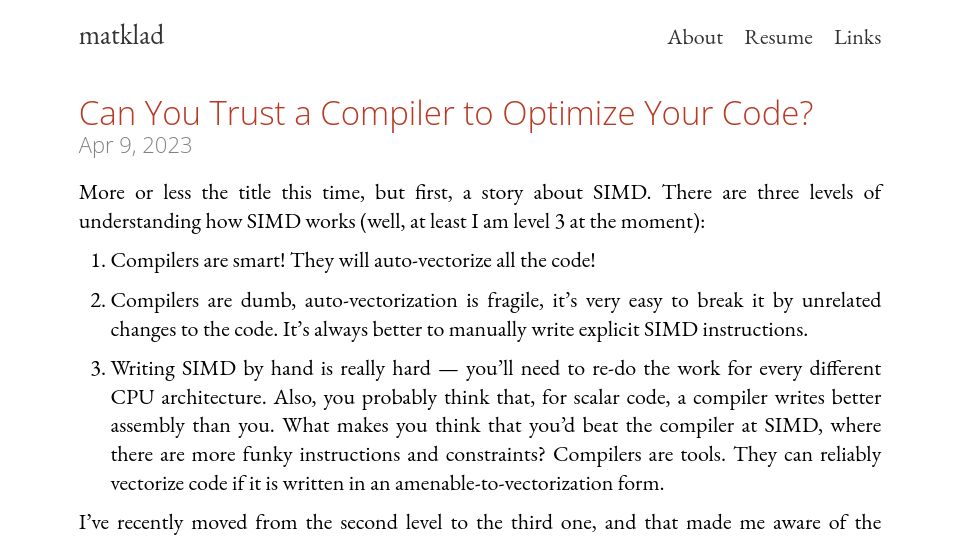 Screenshot of matklad.github.io: Can you trust a compiler to optimize your code?