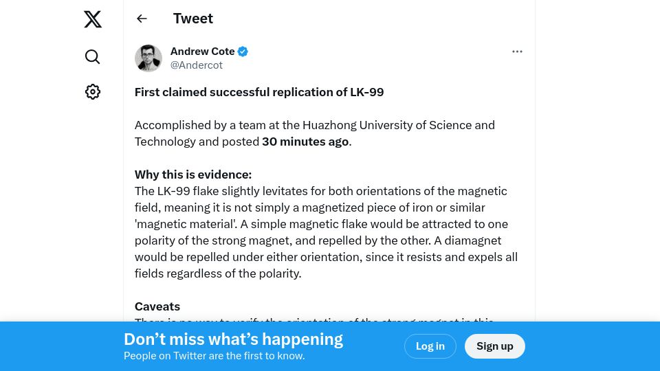 Screenshot of twitter.com: First claimed successful replication of LK-99