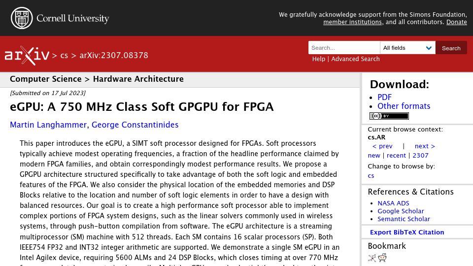 Screenshot of arxiv.org: eGPU: A 750 MHz Class Soft GPGPU for FPGA