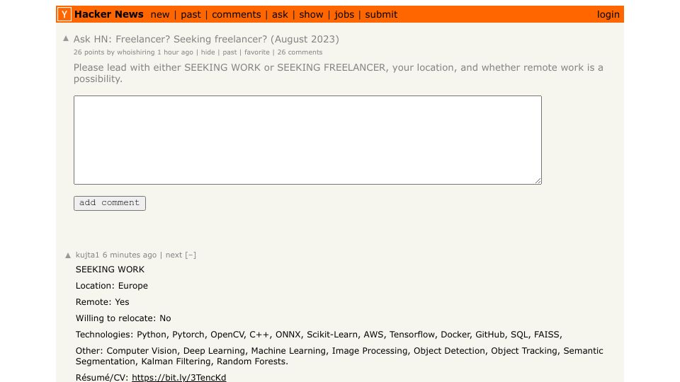 Screenshot of Hacker News post: Ask HN: Freelancer? Seeking freelancer? (August 2023)