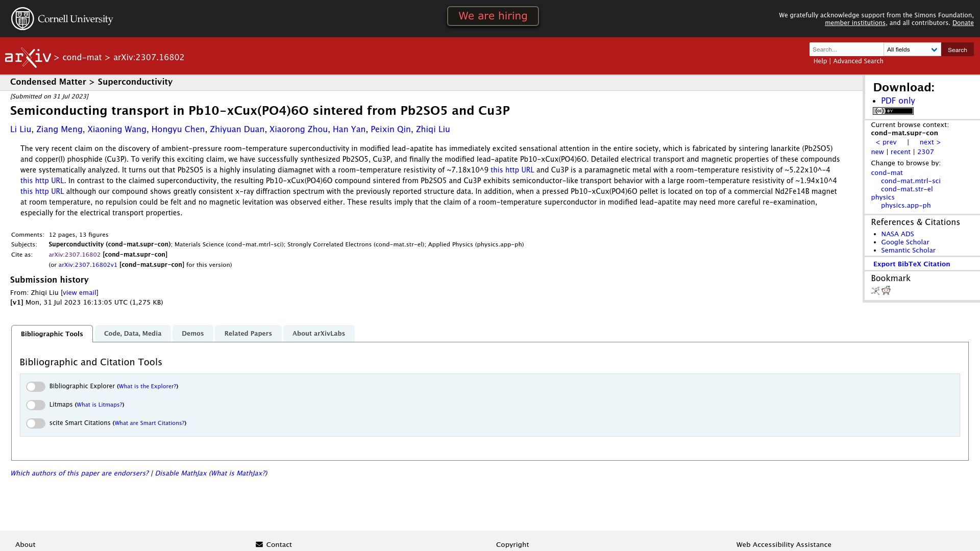 Screenshot of arxiv.org: Semiconducting Transport in LK99 reproduction attempt