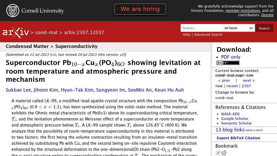 Screenshot of arxiv.org: Superconductor showing levitation at room temperature and atmospheric pressure
