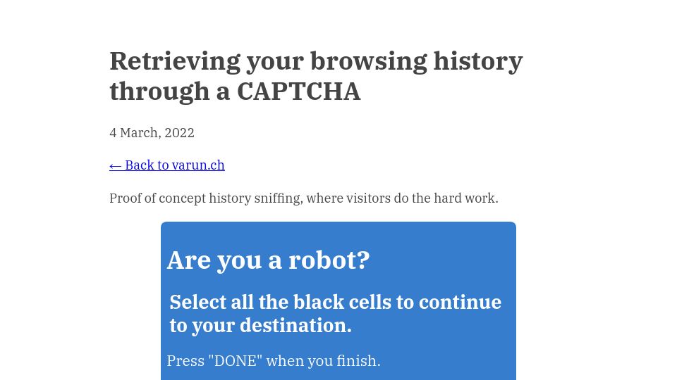 Screenshot of varun.ch: Retrieving your browsing history through a CAPTCHA (2022)