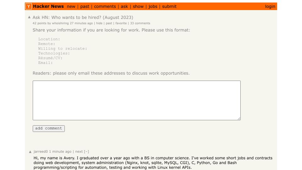 Screenshot of Hacker News post: Ask HN: Who wants to be hired? (August 2023)