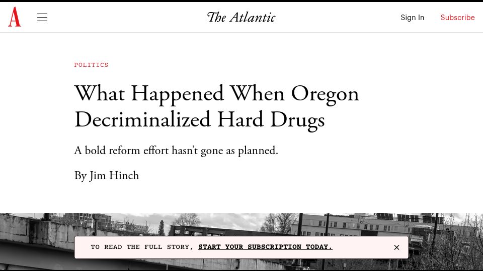 Screenshot of theatlantic.com: Oregon decriminalized hard drugs – early results aren’t encouraging