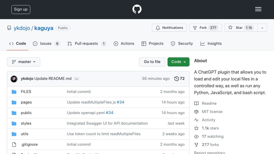Screenshot of github.com: Show HN: An MIT-licensed ChatGPT plugin that loads and edits files locally