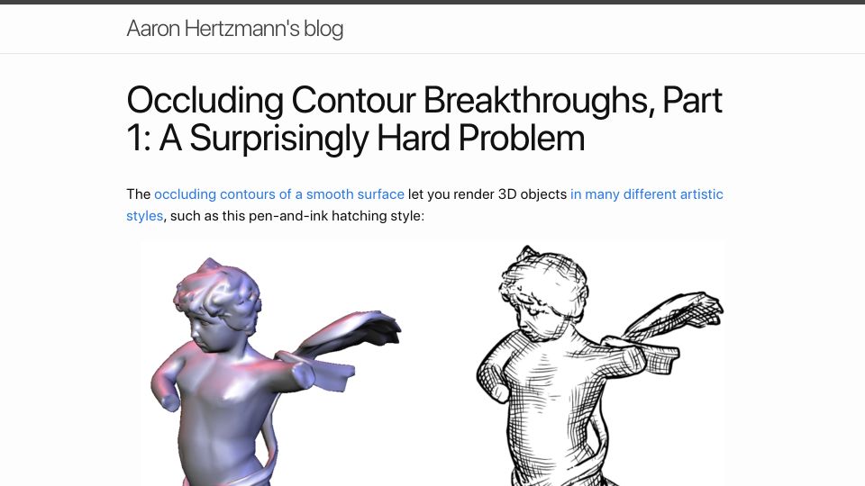 Screenshot of aaronhertzmann.com: Occluding Contour Breakthroughs, Part 1: A Surprisingly Hard Problem