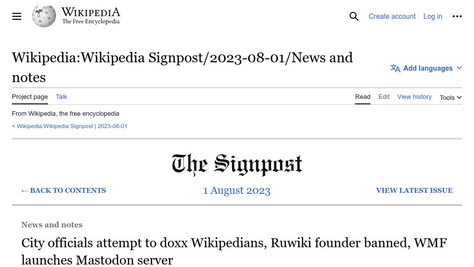 Screenshot of en.wikipedia.org: City officials attempt to doxx Wikipedians