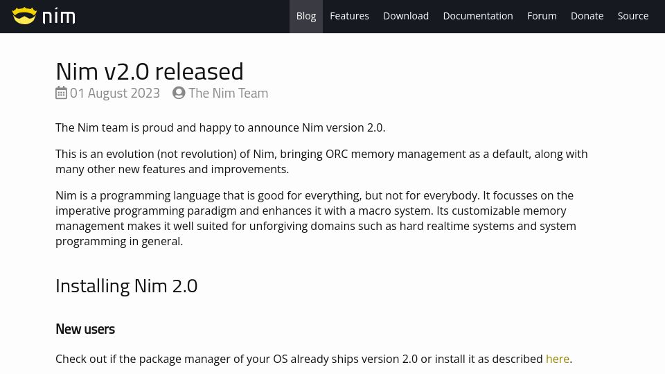 Screenshot of nim-lang.org: Nim 2.0