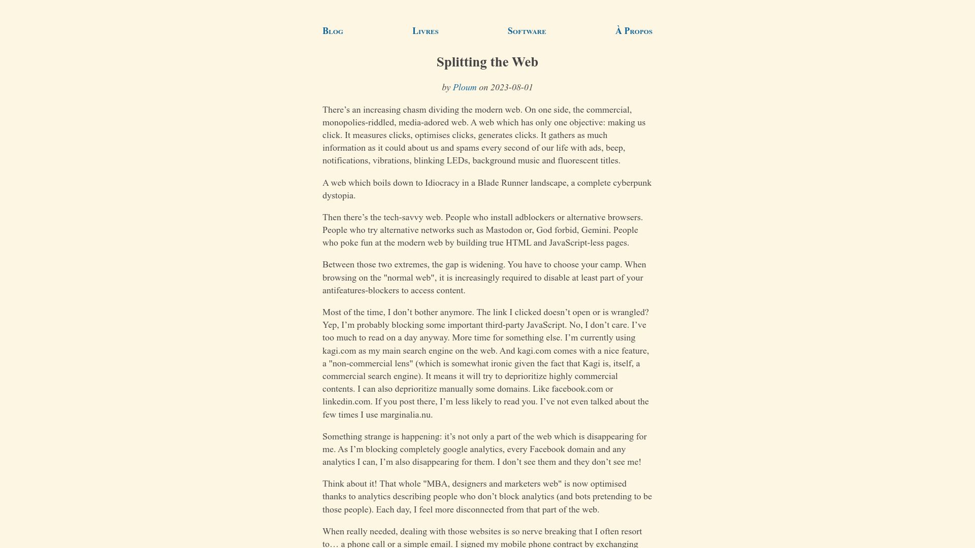 Screenshot of ploum.net: Splitting the Web