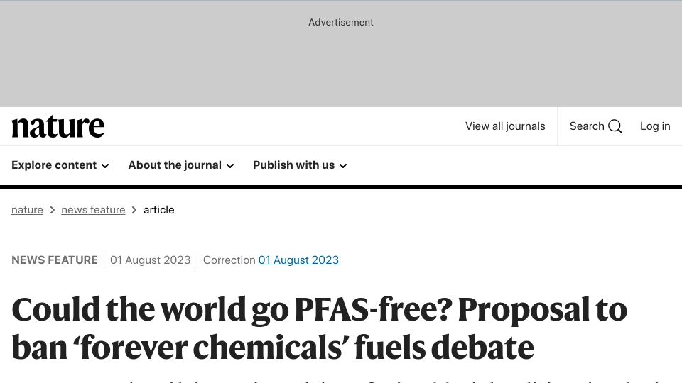 Screenshot of nature.com: Could the world go PFAS-free? Proposal to ban ‘forever chemicals’ fuels debate