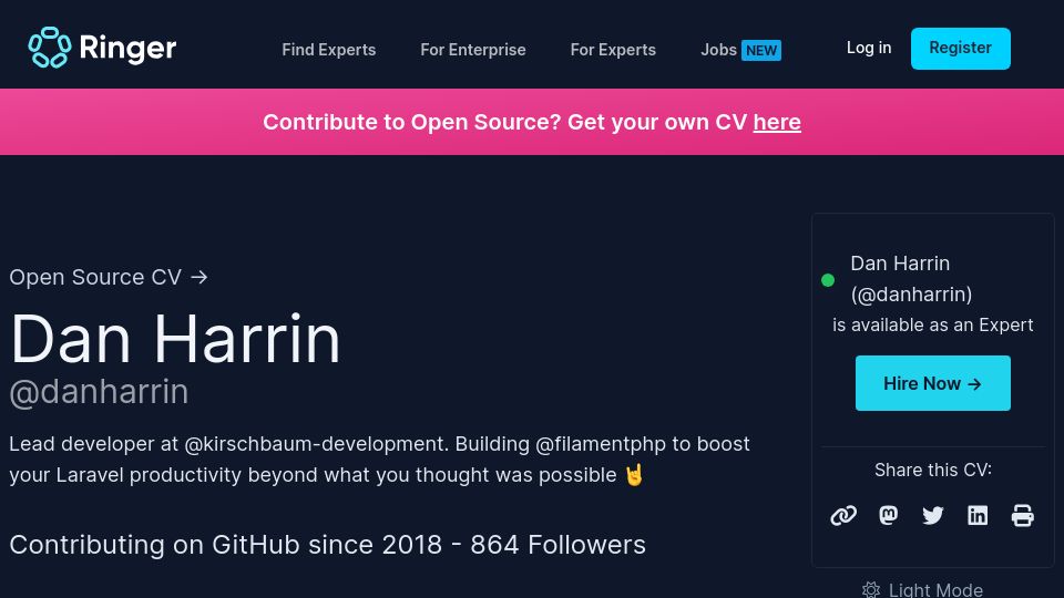 Screenshot of ringerhq.com: Show HN: Generate a CV-style history for open-source contributors on GitHub