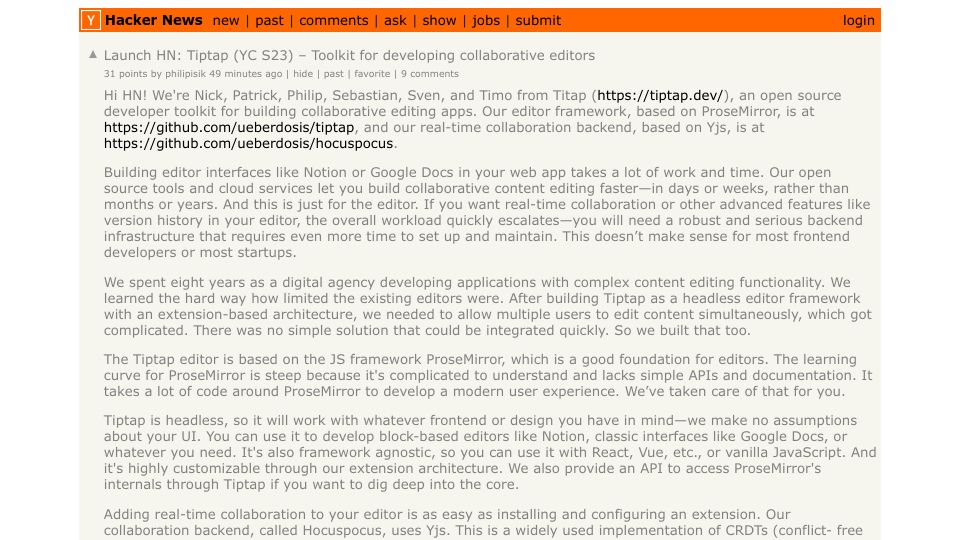 Screenshot of Hacker News post: Launch HN: Tiptap (YC S23) – Toolkit for developing collaborative editors