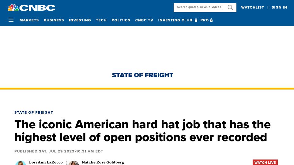 Screenshot of cnbc.com: American hard hat jobs have the highest level of open positions ever recorded