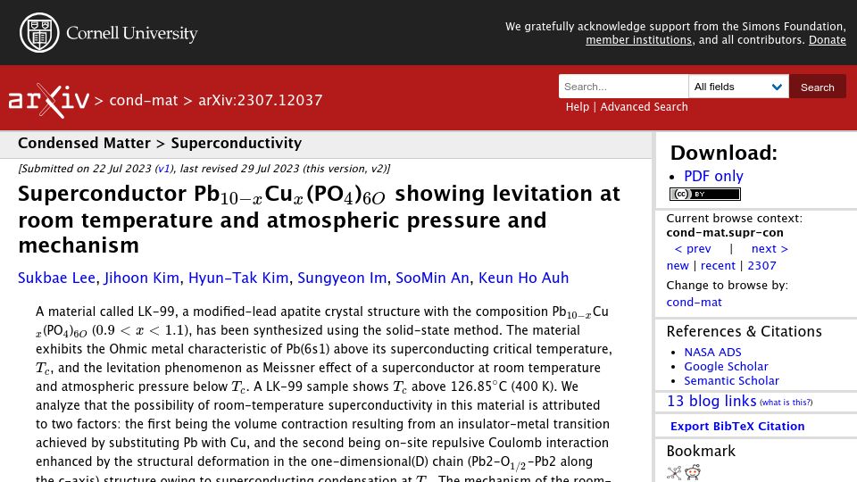 Screenshot of arxiv.org: Room-Temperature Ambient-Pressure Superconductor LK-99 preprint revision 2
