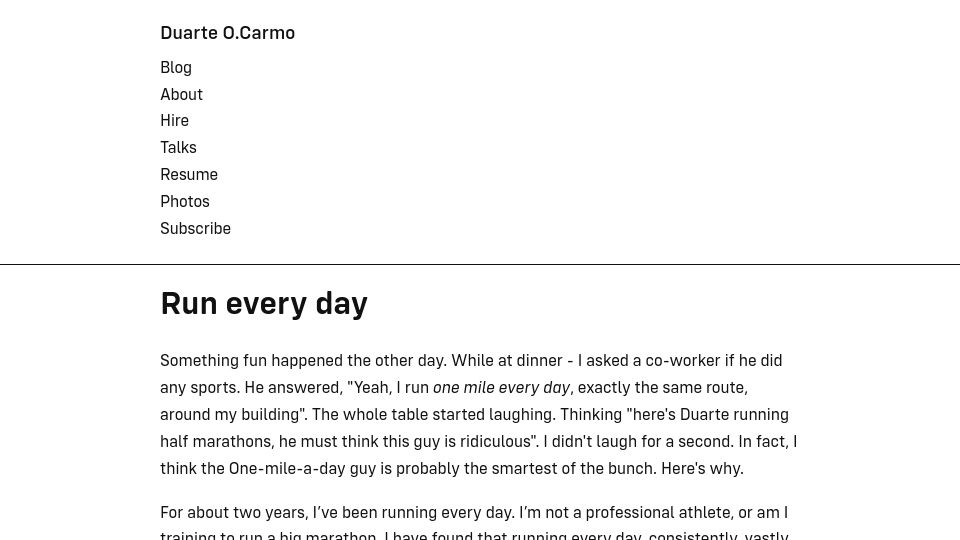 Screenshot of duarteocarmo.com: Run every day (2021)