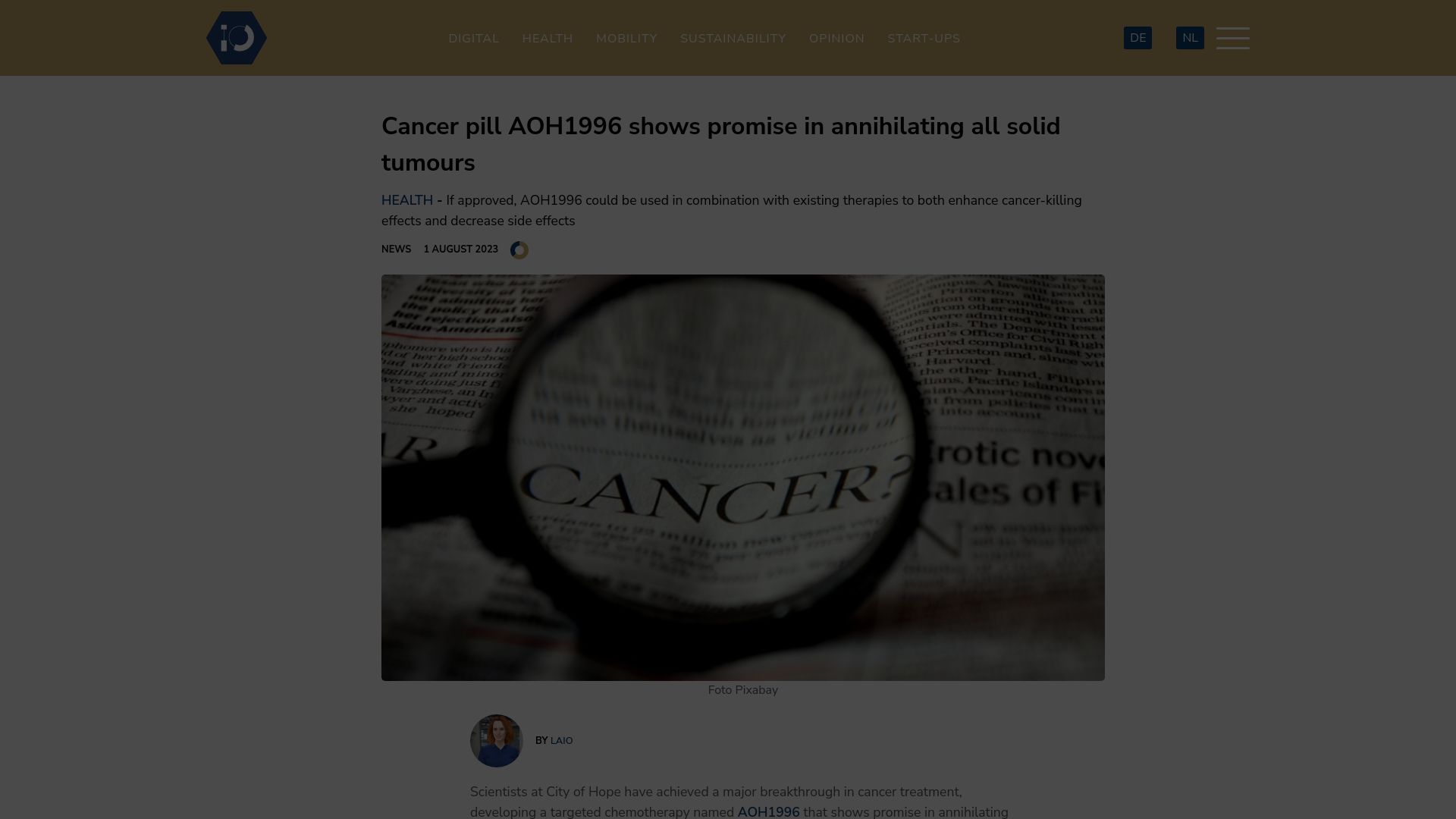 Screenshot of innovationorigins.com: Cancer pill AOH1996 shows promise in annihilating all solid tumours