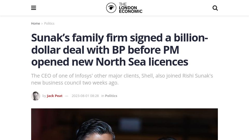 Screenshot of thelondoneconomic.com: Sunak’s family firm signed deal with BP before opening new North Sea licences