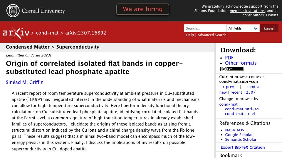 Screenshot of arxiv.org: Origin of correlated isolated flat bands in LK99