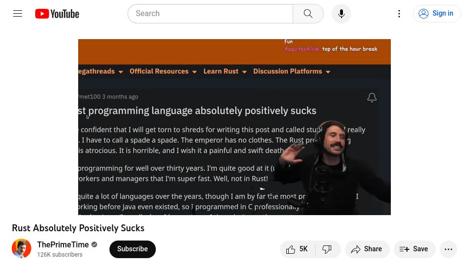 Screenshot of youtube.com: Rust Absolutely Positively Sucks [video]