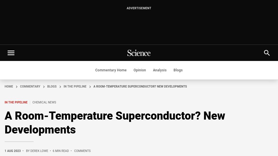 Screenshot of science.org: A room-temperature superconductor? New developments