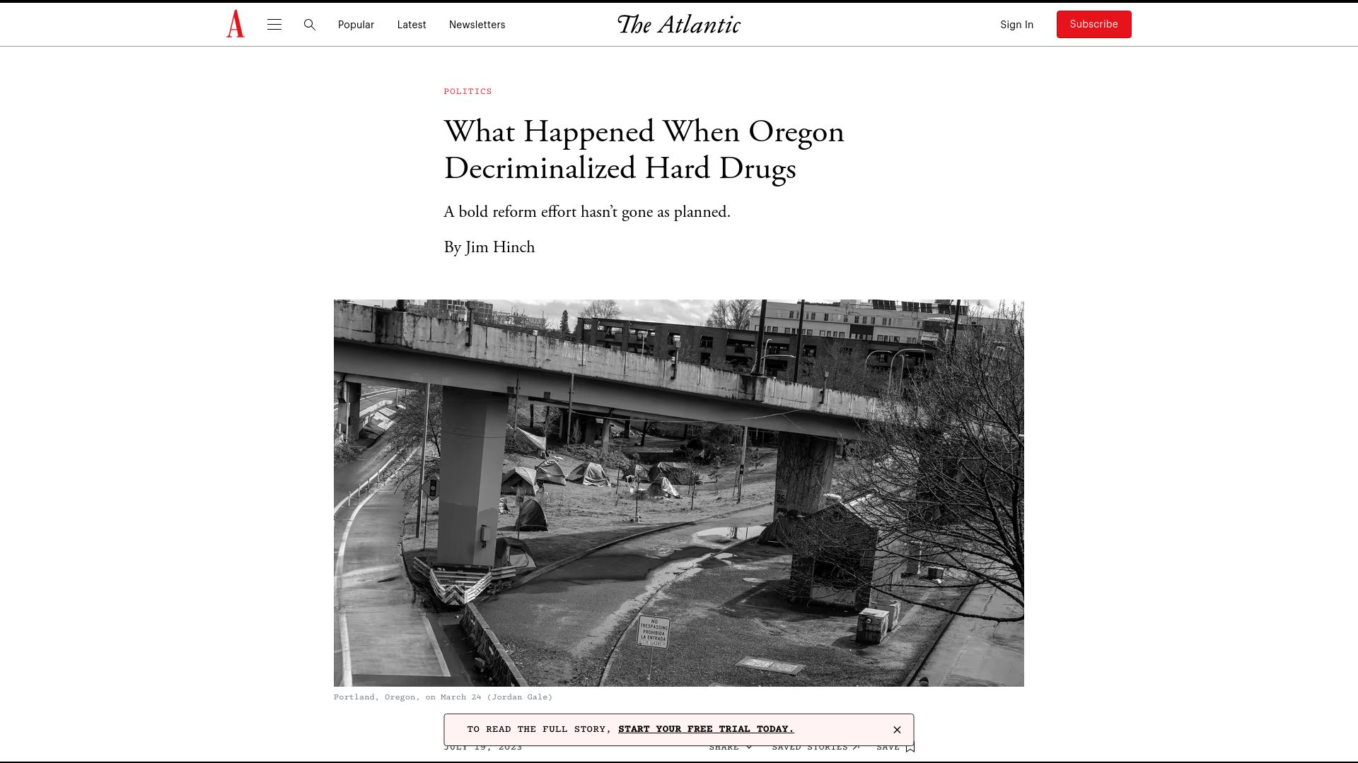 Screenshot of theatlantic.com: Oregon decriminalized hard drugs – early results aren’t encouraging