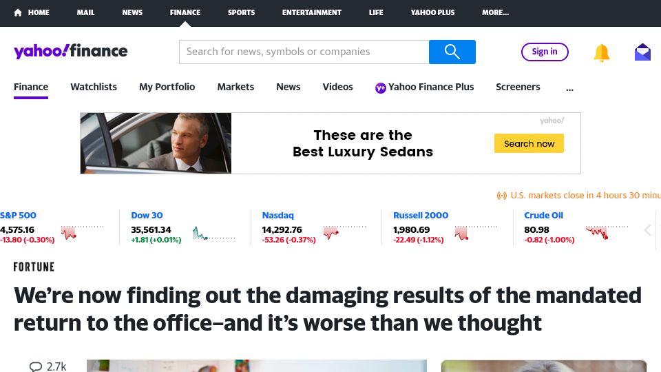Screenshot of finance.yahoo.com: Damaging results of mandated return to the office: it’s worse than we thought