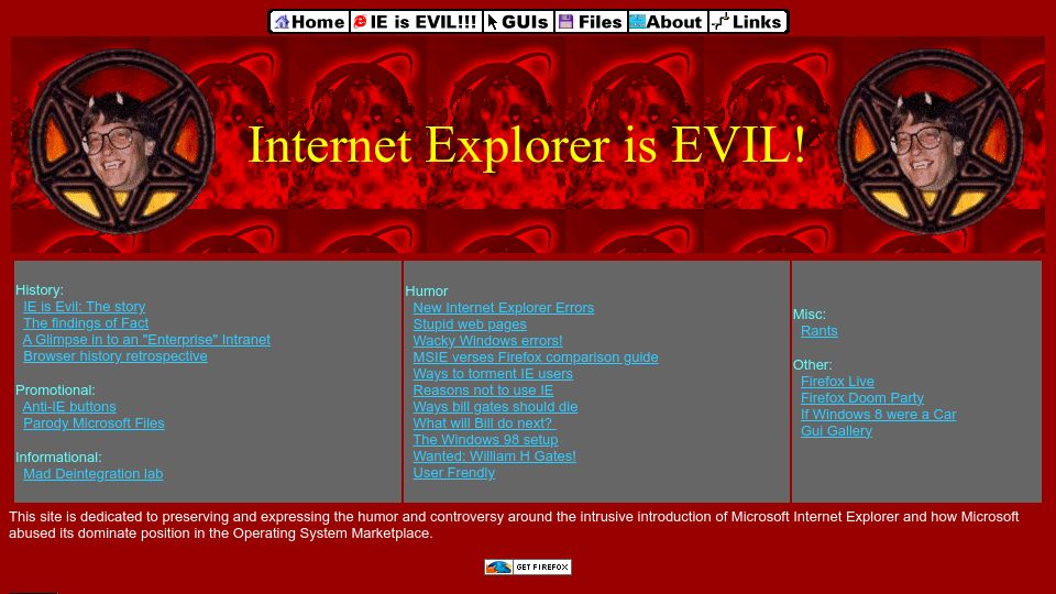 Screenshot of toastytech.com: Internet Explorer is EVIL! (2002)