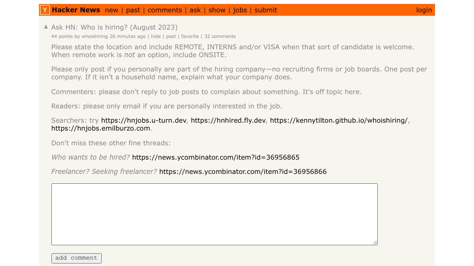 Screenshot of Hacker News post: Ask HN: Who is hiring? (August 2023)