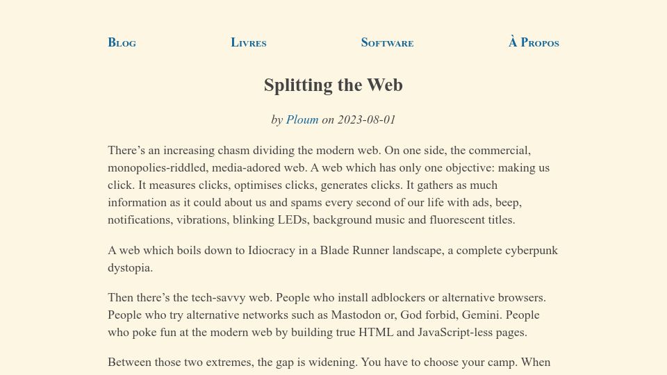 Screenshot of ploum.net: Splitting the Web