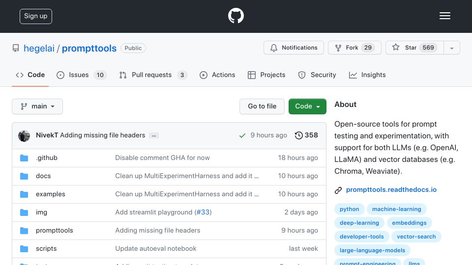 Screenshot of github.com: Show HN: PromptTools – open-source tools for evaluating LLMs and vector DBs