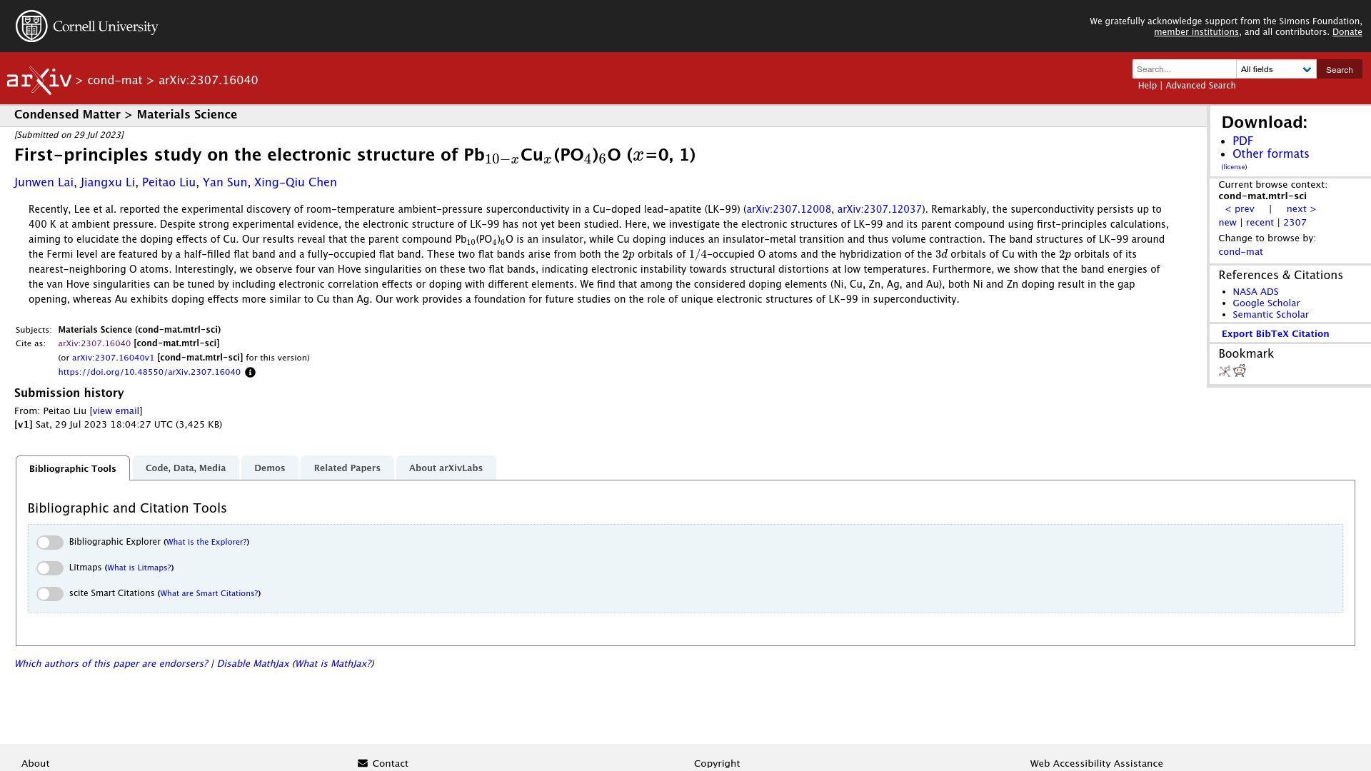 Screenshot of arxiv.org: First-principles study on the electronic structure of Pb10−xCux(PO4)6O (x=0, 1)