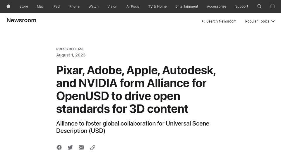 Screenshot of apple.com: Pixar, Adobe, Apple, Autodesk, and Nvidia form alliance for OpenUSD