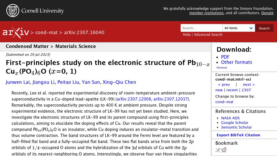 Screenshot of arxiv.org: First-principles study on the electronic structure of Pb10−xCux(PO4)6O (x=0, 1)