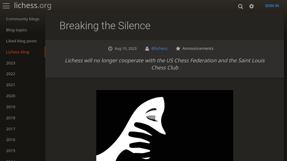 Screenshot of lichess.org: Lichess will no longer cooperate with the USCF and the Saint Louis Chess Club