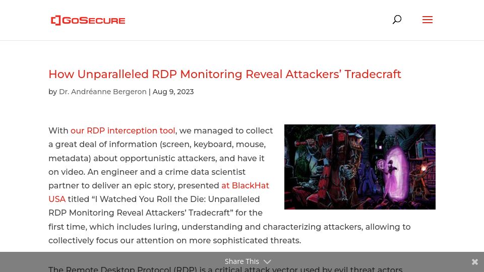 Screenshot of gosecure.net: Unparalleled RDP Monitoring Reveal Attackers’ Tradecraft