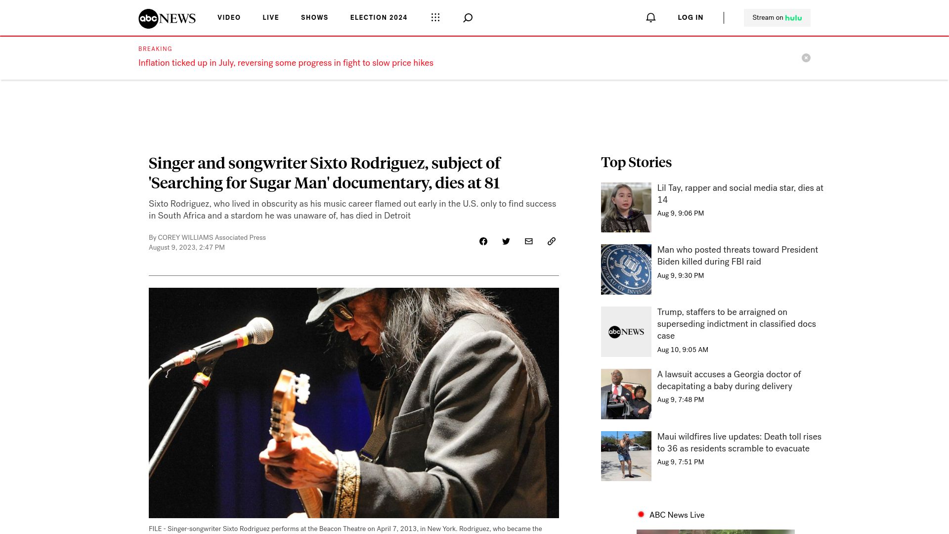 Screenshot of abcnews.go.com: Sixto Rodriguez has died