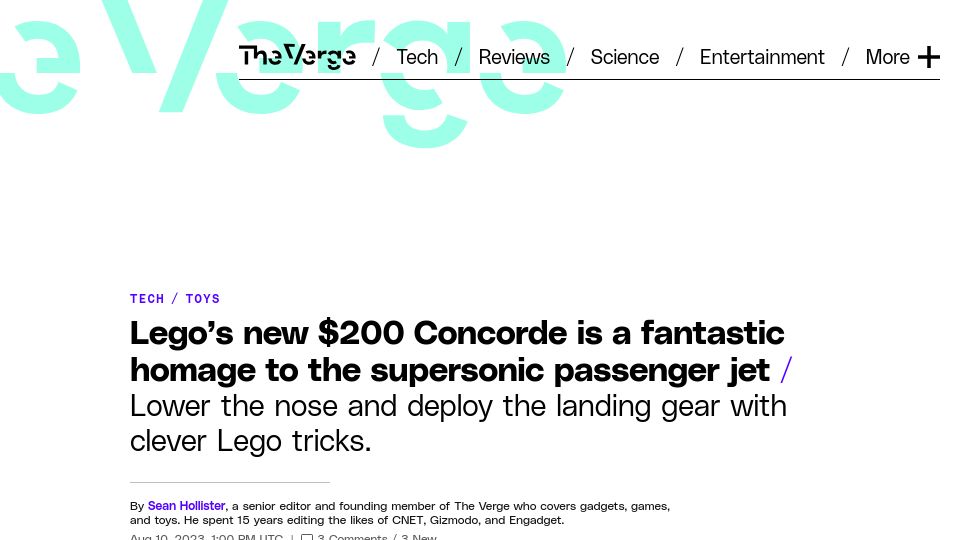 Screenshot of theverge.com: Lego’s new $200 Concorde is a fantastic homage to the supersonic passenger jet