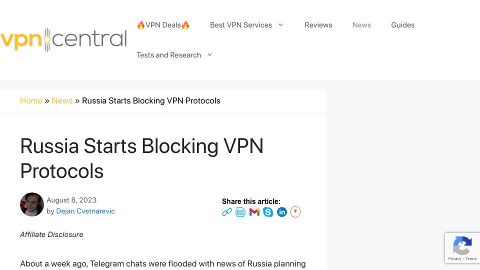Screenshot of vpncentral.com: Russia Starts Blocking VPN Protocols