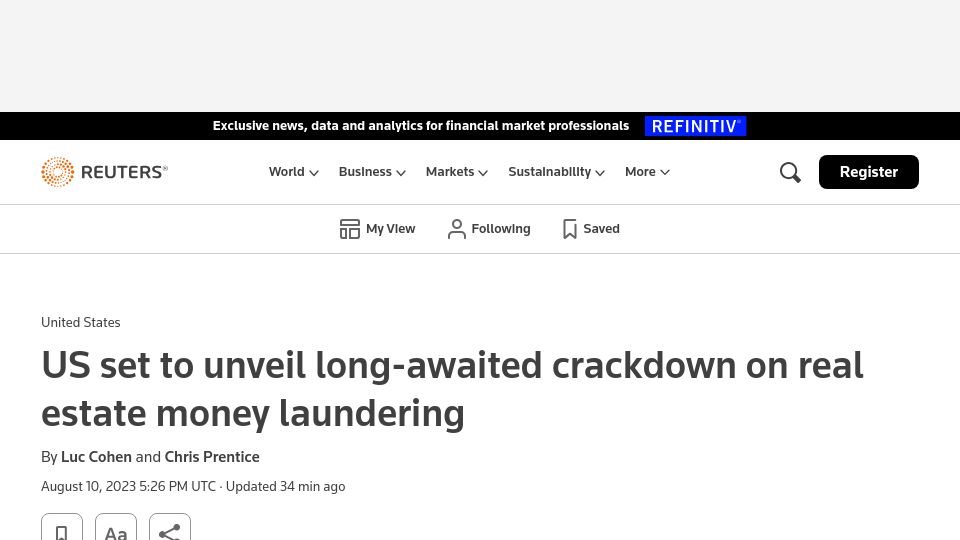 Screenshot of reuters.com: US set to unveil long-awaited crackdown on real estate money laundering