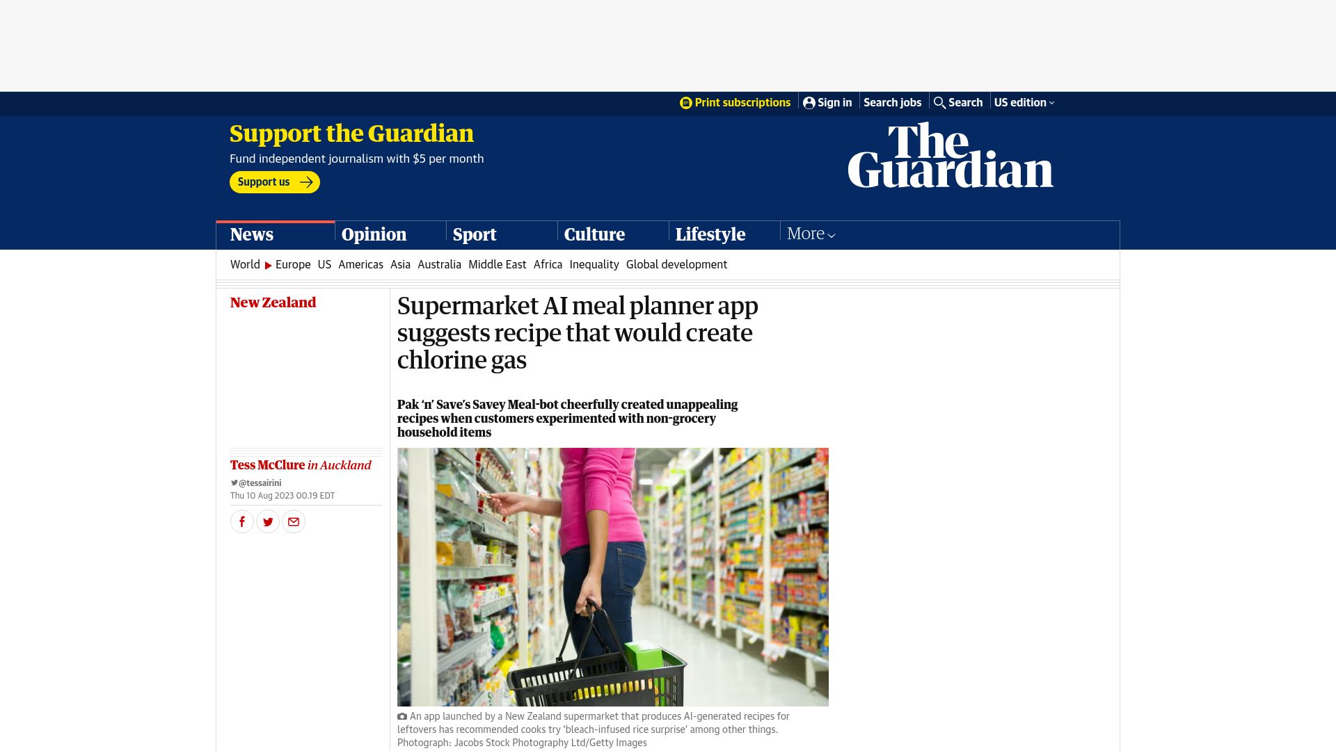 Screenshot of theguardian.com: Supermarket AI meal planner app suggests recipe that would create chlorine gas