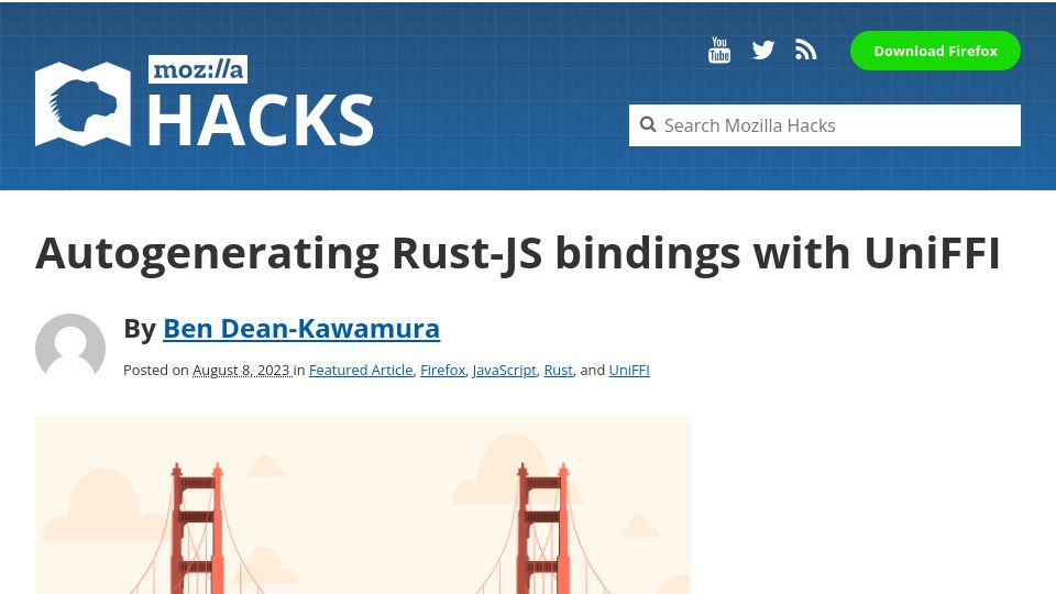 Screenshot of hacks.mozilla.org: Autogenerating Rust-JS Bindings with UniFFI