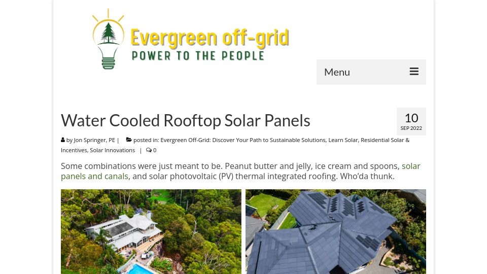 Screenshot of evergreenoffgrid.com: Water Cooled Rooftop Solar Panels